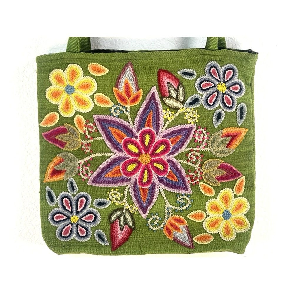 handmade Peruvian floral embroidered woven wool tote lime greenb 13x14 - Picture 12 of 12